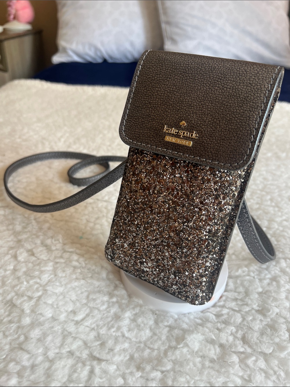 kate spade silver Glitter Crossbody Phone bag with Strap